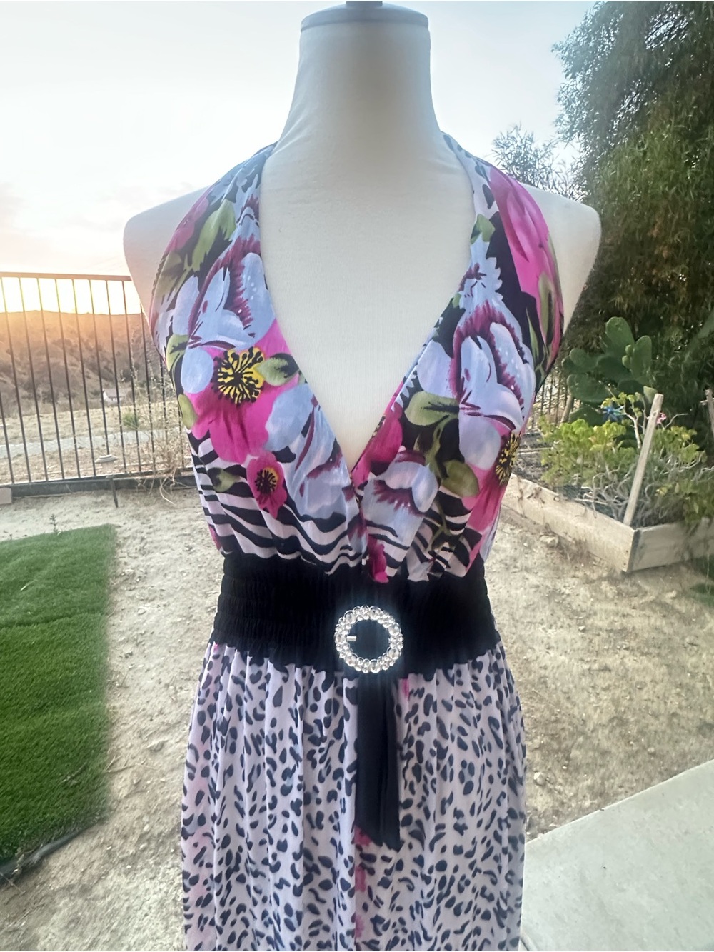 Vintage Y3K Pink Multi Floral Halter Maxi Dress with Rhinestone Belt